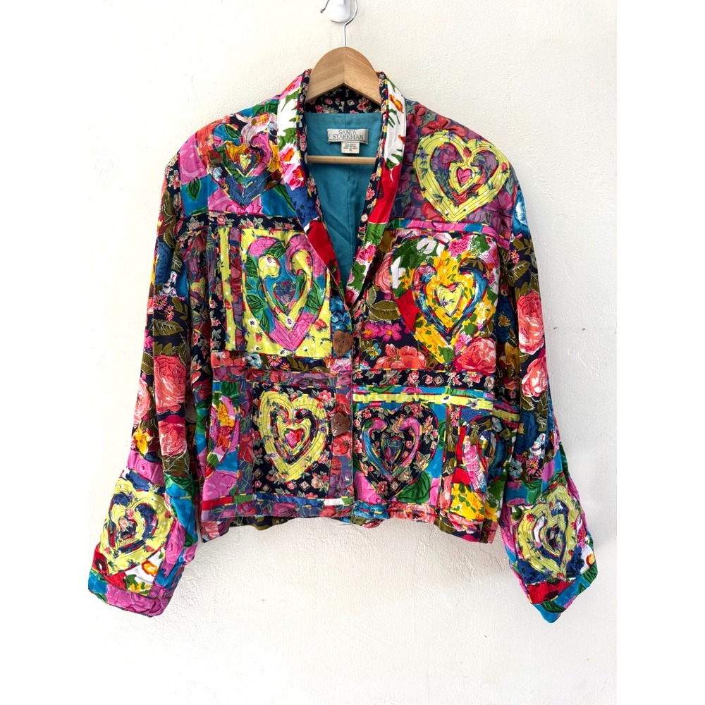 Sandy Starkman Vintage Patchwork Heart Floral Jacket XL Multicolor Rayon Artsy